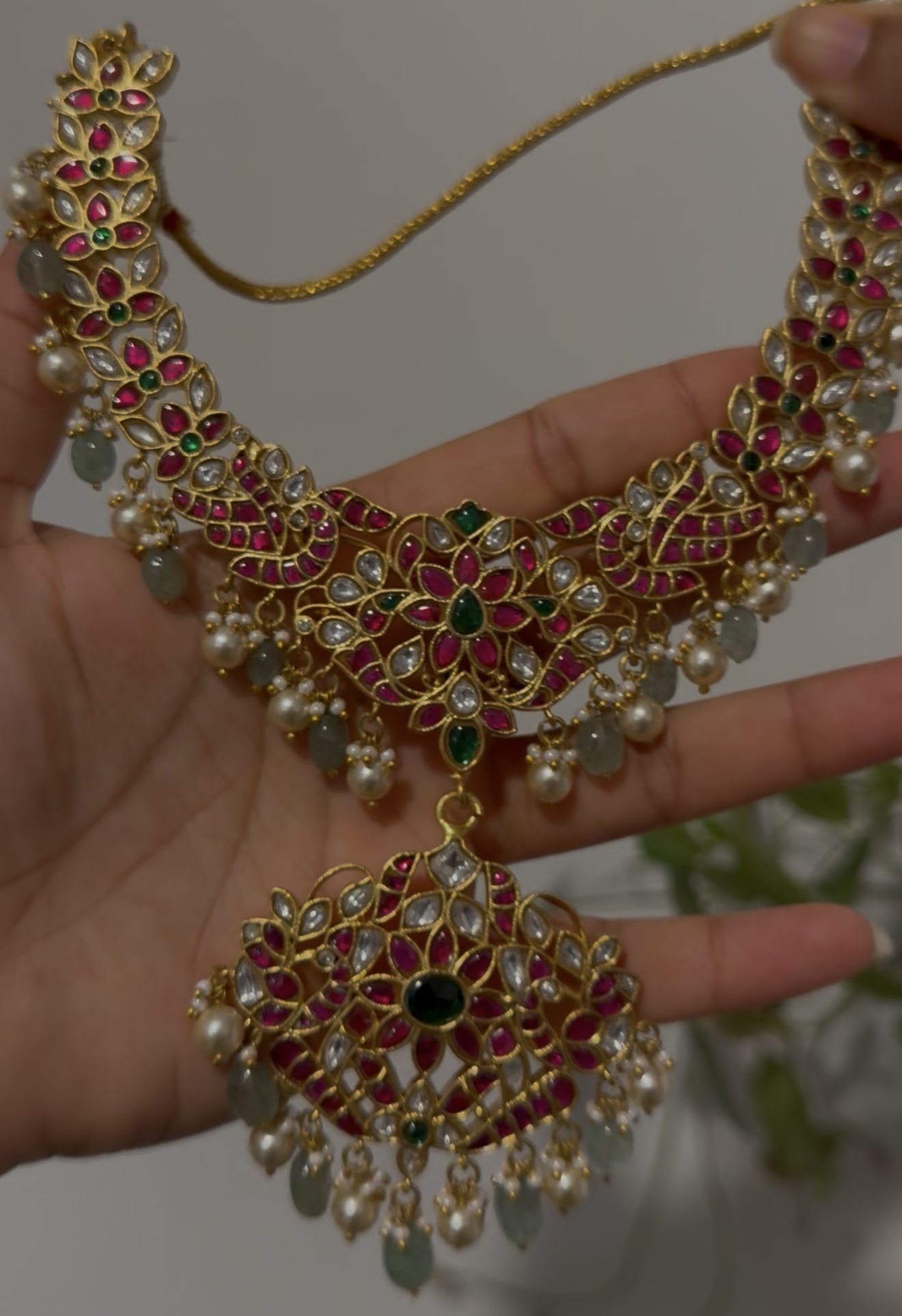 Multi Coloured Jadau Kundan Necklace With Pearl & Beads Hangings