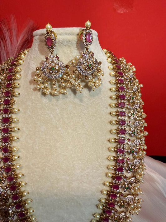 CZ Stone Mid Length Haram Set With Pearl Bunches