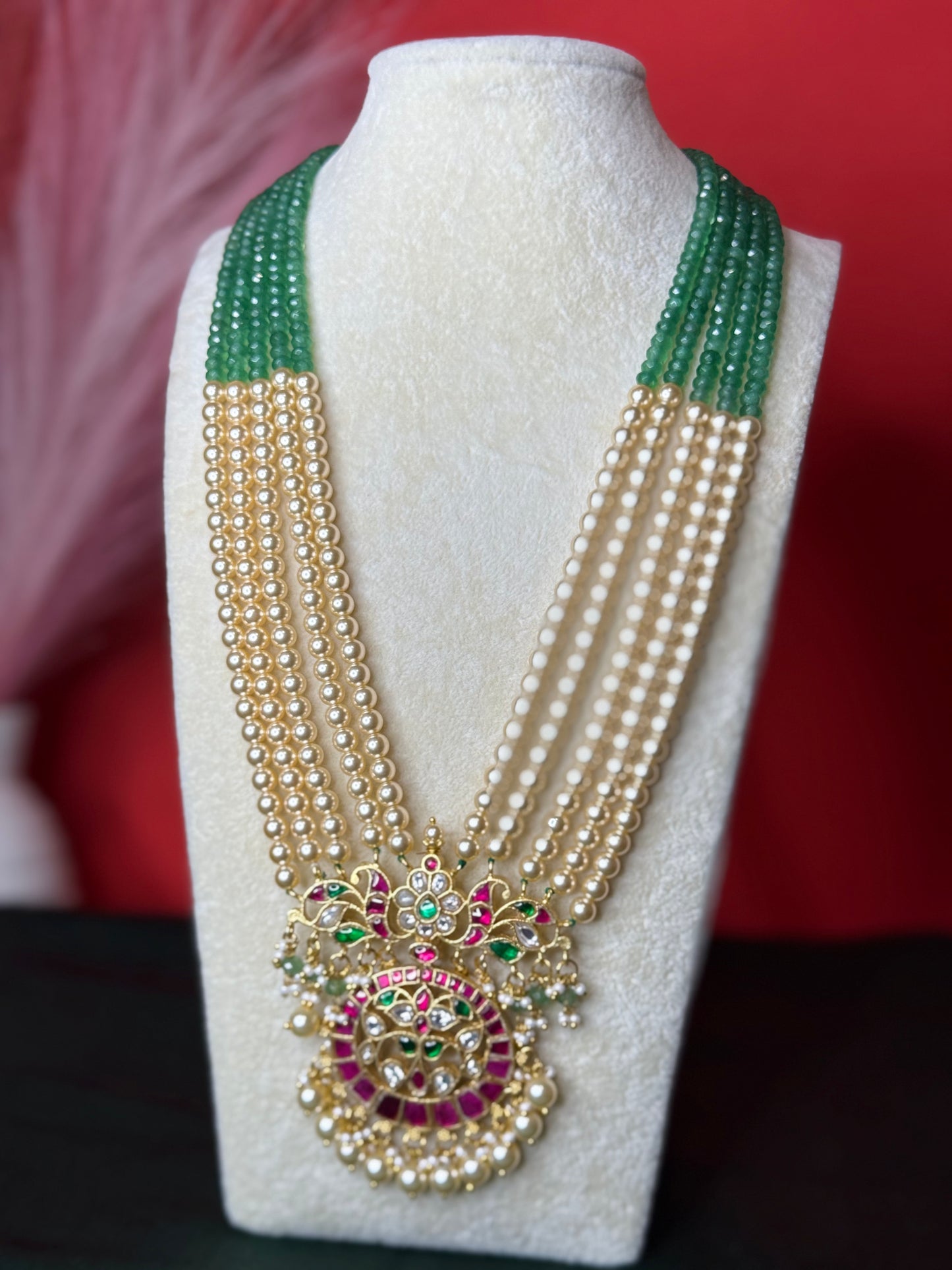 Traditional Jadav Kundan Beads Haram with Swarovski Pearls Hanging