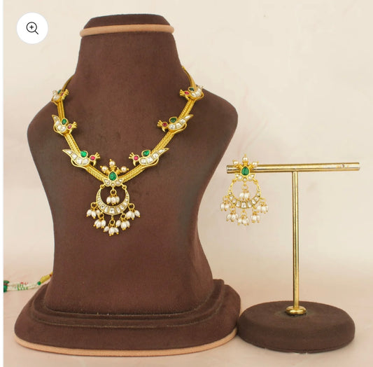 Peacock Chandbali Design Jadau Kundhan Necklace With Matching Earrings