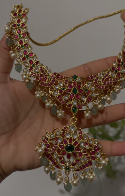Multi Coloured Jadau Kundan Necklace With Pearl & Beads Hangings