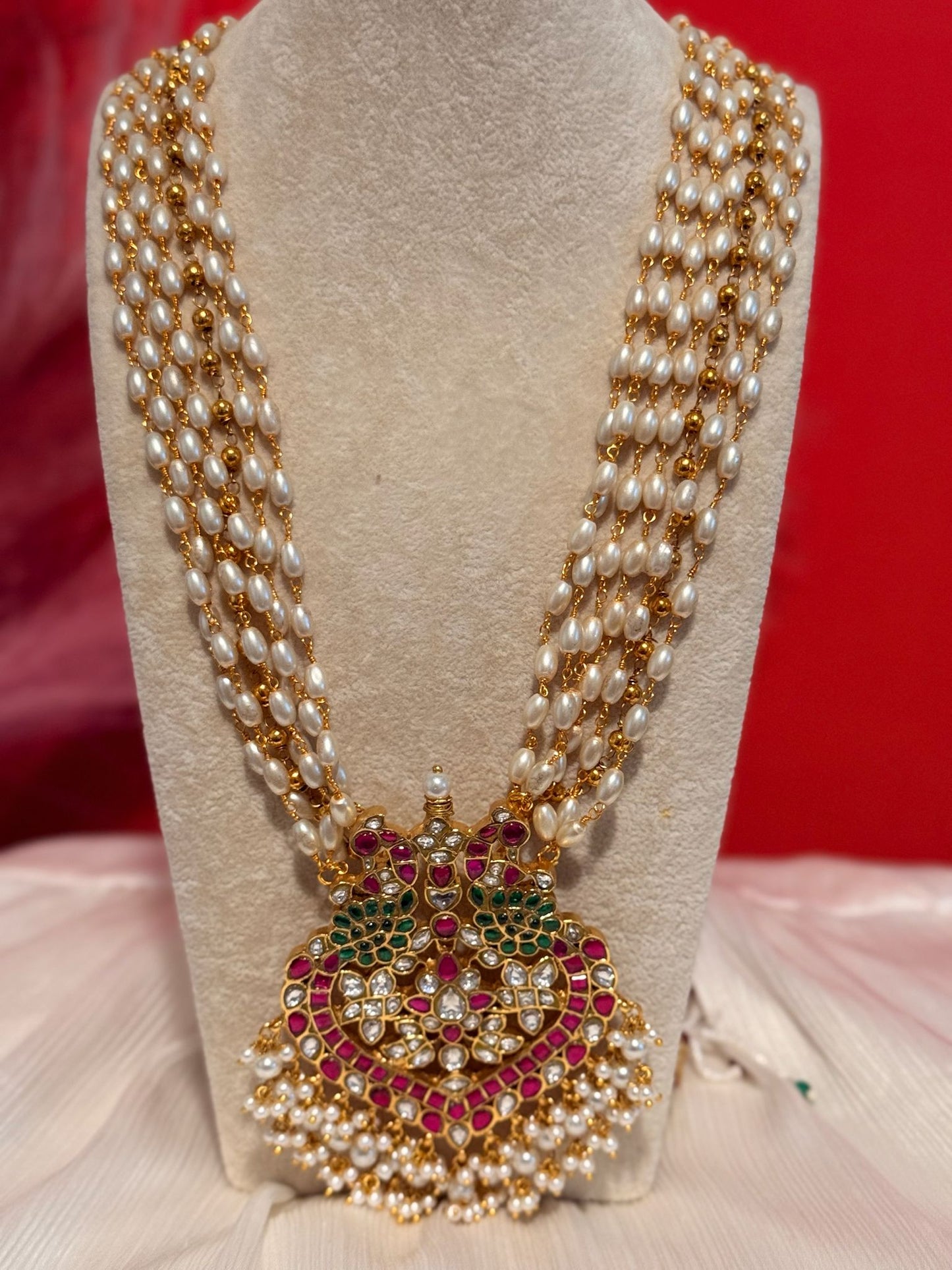 Jadavu Kundhan Rice Pearls Layerd Long Chain With Peacock Pendent