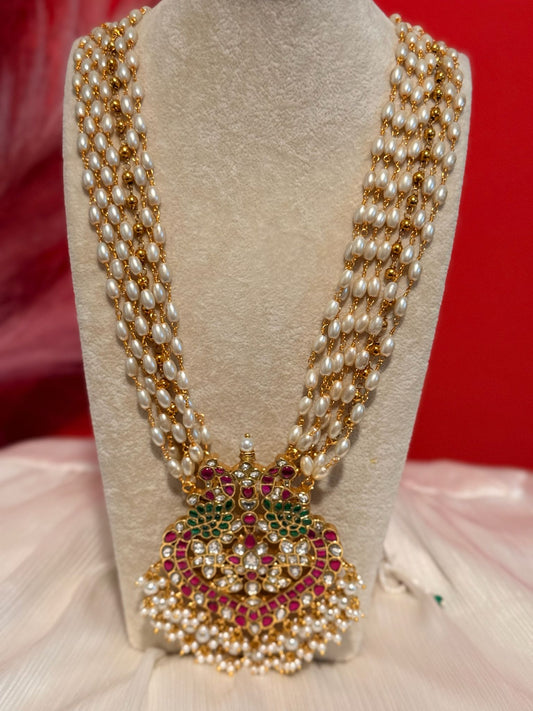 Jadavu Kundhan Rice Pearls Layerd Long Chain With Peacock Pendent