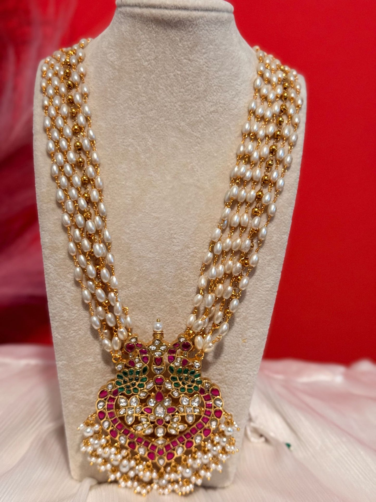 Jadavu Kundhan Rice Pearls Layerd Long Chain With Peacock Pendent