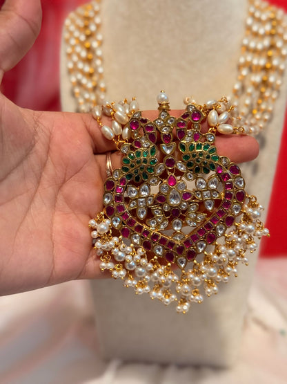 Jadavu Kundhan Rice Pearls Layerd Long Chain With Peacock Pendent