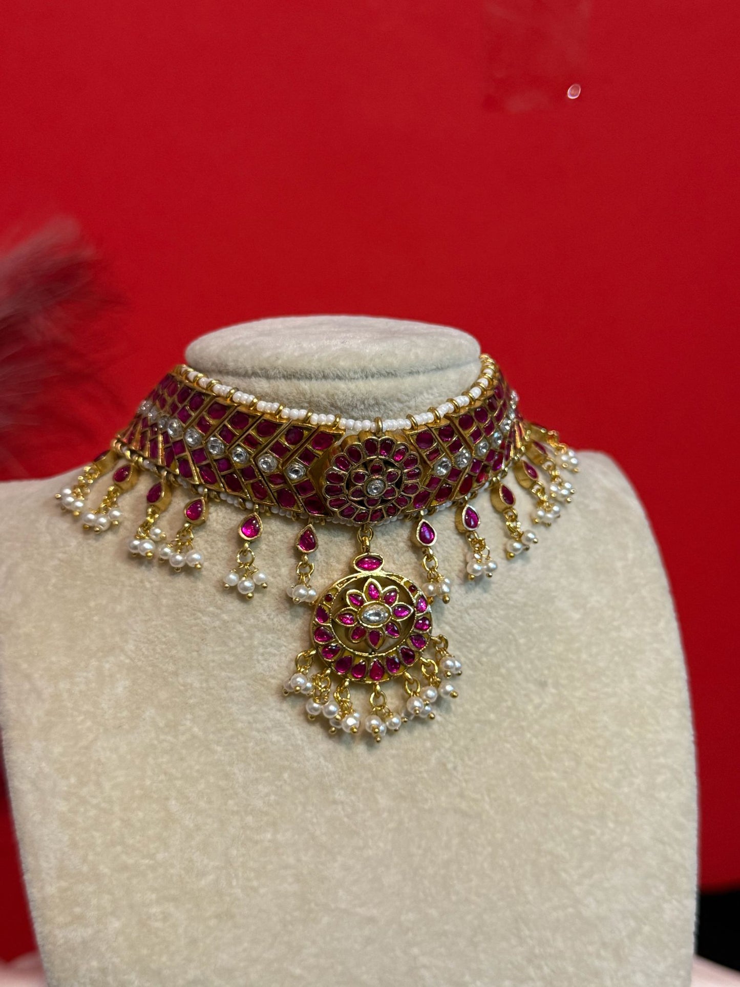 Jadavu Kundhan Choker With Pink Stones and Pearls  | Aditi Inspired