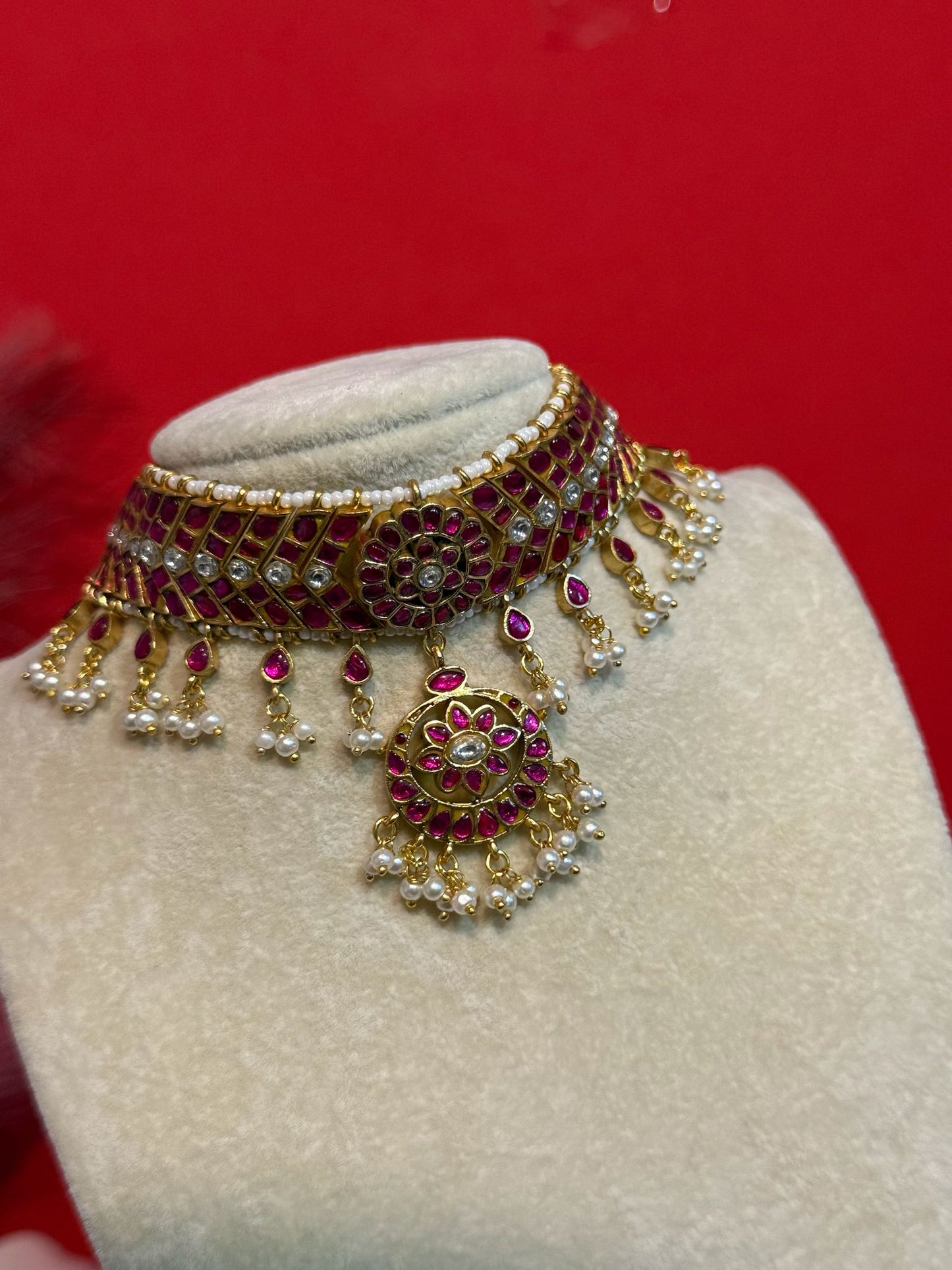 Jadavu Kundhan Choker With Pink Stones and Pearls  | Aditi Inspired