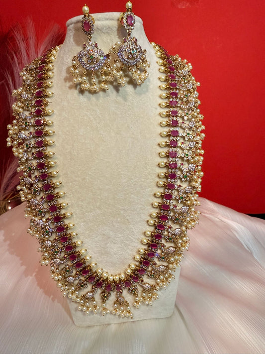 CZ Stone Mid Length Haram Set With Pearl Bunches