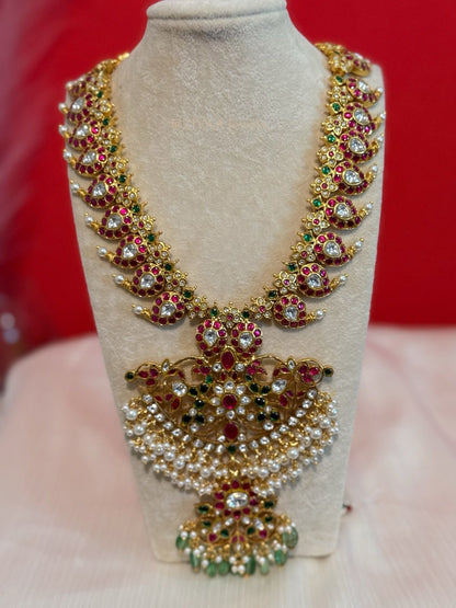 Jadavu Kundhan MID Length Mango Motif Haram Set With Pendnet And Pastel Beads with Earrings